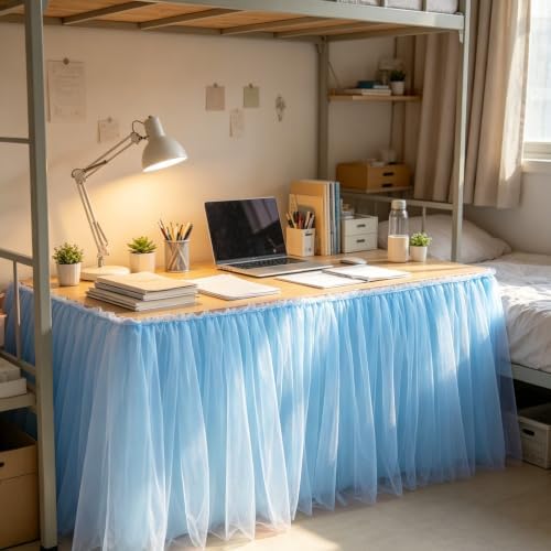9FT Long Blue Tulle Table Skirt for Rectangle Round Tables 3-Layer Ruffle Desk Teacher Skirt for Back to School Supplies Princess Girls Birthday Party Cake Dessert Classroom Dorm Decor - Image 4