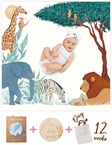 Miaoberry Safari Baby Milestone Blanket, Africa Jungle Theme Monthly Photo Growth Tracker with Giraffe, Lion, Elephant with Hello World Sign - Image 2