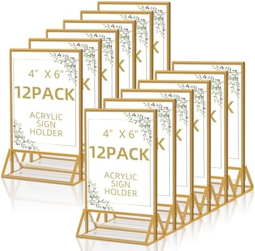 PPH-Sisy 4x6 Acrylic Sign Holders 12 Pack Gold Picture Frames Table Top Sign Holders Flyer Menu Holder, Double-Sided Photo Frames Clear Display Stand for Wedding Party Home Office by PPH-SisyPurchaseNow