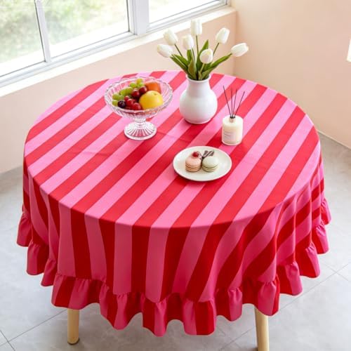 JarThenaAMCS Ruffle Tablecloth Boho Pink Red Striped Table Cloth Round Decorative Table Cover for Home Kitchen Baby Shower Party Wedding Decor, 70 Inch - Image 4
