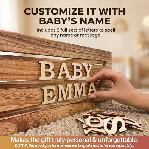 Wooden Baby Shower Crate Closet & Basket with Hanger Rack - Customizable Gift Basket with 2x Alphabet Letter Sets, Hangers, Dividers, Ivy Garland,Nursery Decor Girls Boys(Rustic Burnt Wood) - Image 4