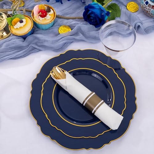 Liacere 350PCS Navy Blue Plastic Patriotic Plates-Disposable Blue Gold Plates 50guest Plastic Dinnerware include 100Plates,50Pack Pre Rolled Napkins with Silverware 50Cups for Party/Wedding/Labor Day - Image 4