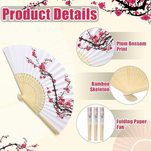 Roowest 50 Pcs Cherry Blossom Hand Paper Fans Chinoiserie Favor Kit Folding Chinese Japanese Retro Hand Fans with Organza Bag Summer Wedding Party Supplies Bridal Shower Gifts for Guests - Image 3