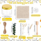 60 Set 1.5 oz Mini Plastic Honey Jars Small Honey Jars Party Favors in Bulk with Gold Lids Wood Bee Dipper Thank You Card Burlap Fabric Twine String Natural Plant for Baby Shower Wedding Gift - Image 2