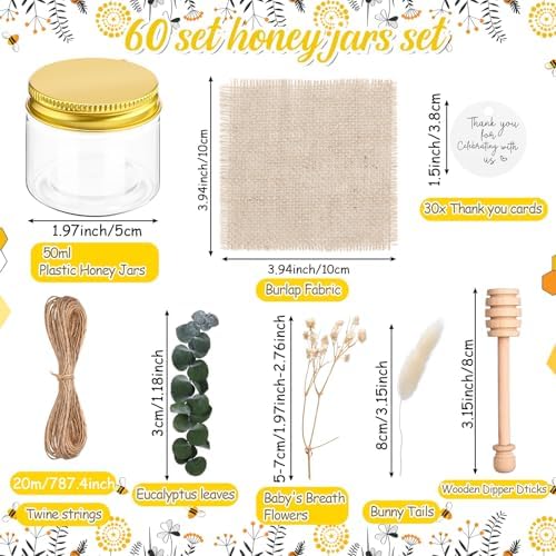 60 Set 1.5 oz Mini Plastic Honey Jars Small Honey Jars Party Favors in Bulk with Gold Lids Wood Bee Dipper Thank You Card Burlap Fabric Twine String Natural Plant for Baby Shower Wedding Gift - Image 2