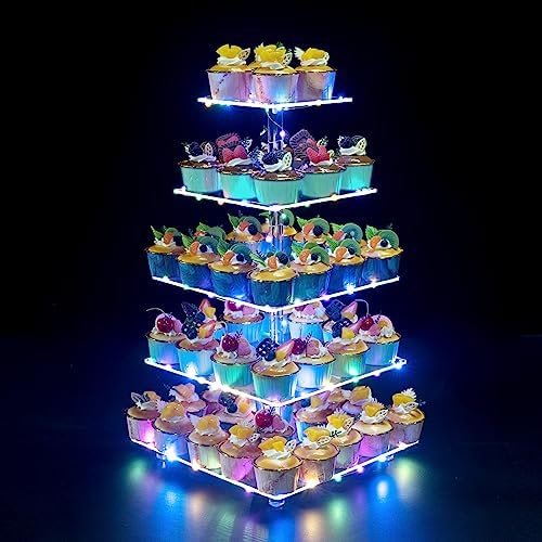 Cupcake Stand, 5-Tier Square Cupcake Holder with LED Light String, Acrylic Cupcake Tower Display-Dessert Tower-Pastry Stand-Cupcake Tier Stand for Wedding, Birthday Party (Colorful Light)… by OLACHIKKO