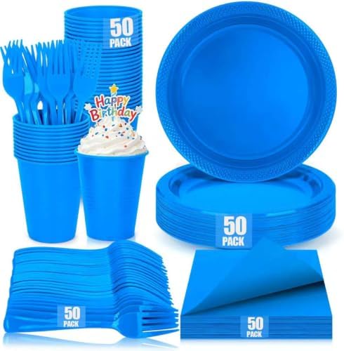 200pcs Disposable Royal Blue Plastic Party Plates and Napkins for Birthday by UseOnceDoneRight