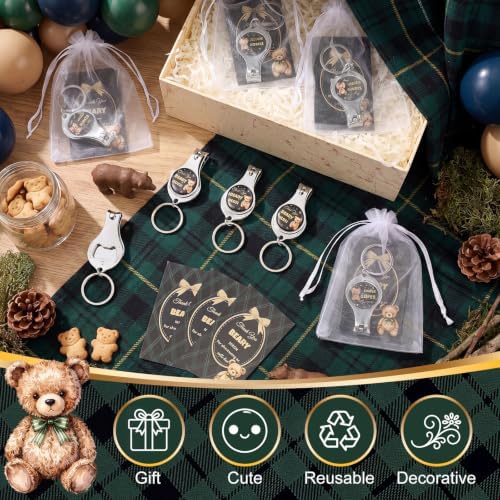 30 Sets Blue Green Tartan Plaid Bear Baby Shower Favor Nail Clipper Bottle Openers Keychain Return Gift for Guest with Thank You Cards Organza Bags for Gender Reveal Party Souvenirs - Image 3