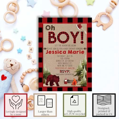 Custom Baby Shower Invites Lumberjack Baby Shower Invitation 20 5x7 Custom Personalized Invites With Envelopes - Unique Baby Lumberjack Shower Cards - Image 2