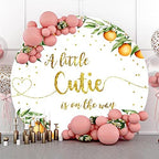 Laeacco 6.5x6.5FT Orange Baby Shower Round Backdrop Fabric Little Cutie Baby Shower Party Circle Background Gold Glitter Dots A Little Cutie is on the Way Gender Reveal Party Decor Photo Studio - Image 2