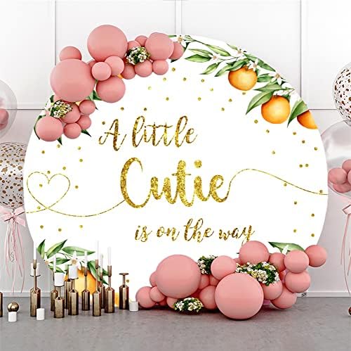 Laeacco 6.5x6.5FT Orange Baby Shower Round Backdrop Fabric Little Cutie Baby Shower Party Circle Background Gold Glitter Dots A Little Cutie is on the Way Gender Reveal Party Decor Photo Studio - Image 2