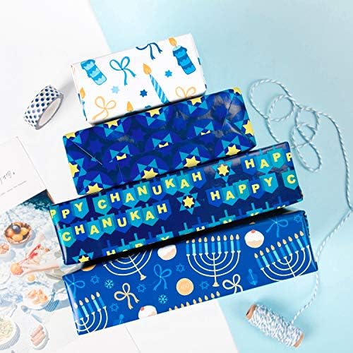WRAPAHOLIC 30 Inch Hanukkah Wrapping Paper Roll - Jumbo Roll Menorahs, the Star of David, Candles Design for Chanukah Celebration - 4 Rolls - 30 Inch x 120 Inch Per Roll - Image 2