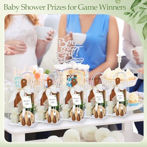Honeydak 49 Pcs Baby Shower Prizes for Game Players 6 Set Cheese Board Fork Knives Coaster Towel Artificial Potted Plant Thanks Card Gift Bag for Baby Bridal Shower Wedding Favors(Acacia Wood) - Image 5