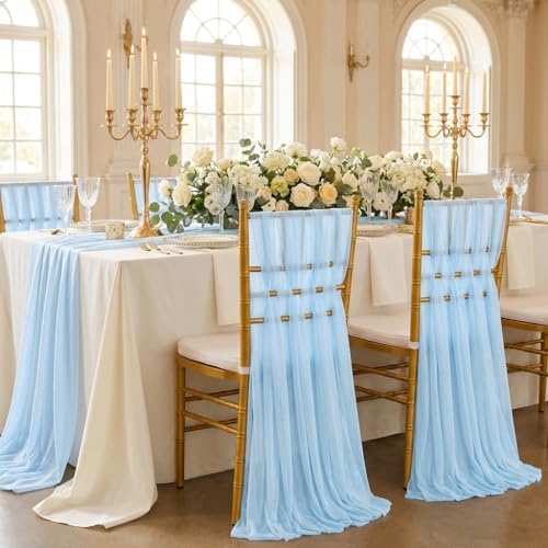 Aisle Chair Sashes Decorations Bulk: 32 Pieces Light Blue Sheer Draping Fabric - 8ft Long Chair Ribbons for Unicorn Party Dinner - Image 6