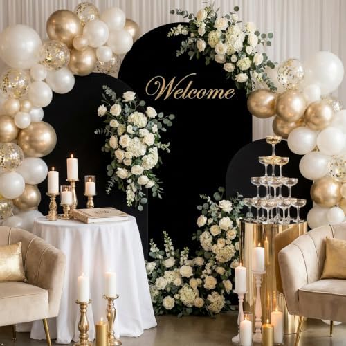 Set of 3 Wedding Arch Backdrop Stand,4+5+6 FT，Small Metal Arch Frame with 3 Black Backdrop Covers,Easy Setup for Birthday Baby Shower Anniversary Dessert Table Decoration - Image 2