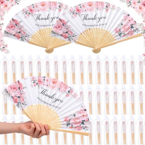 Wenqik 100Sets Pink Flower Hand Folding Fans,Wedding Party Favors for Guest by Wenqik