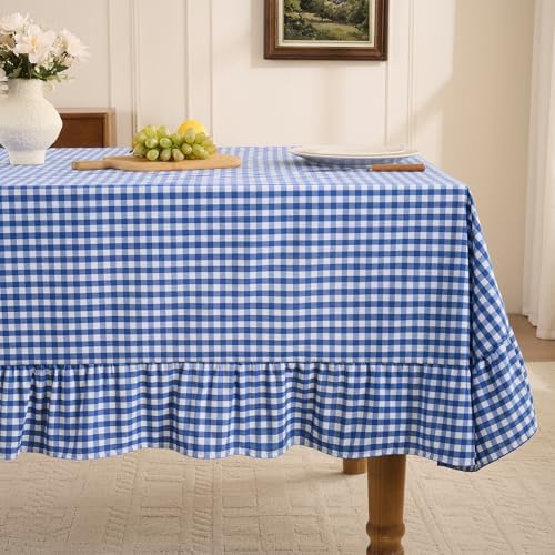Romanstile Gingham Ruffled Tablecloth Rectangle, 60 x 120 Inch, Blue by Romanstile