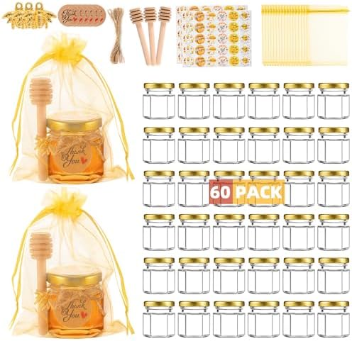 60 Pack Mini Glass Honey Jars Party Favors,1.5 oz Small Hexagon Glass Honey Jars with Dippers,Lids,Gold Bags,Bee Charms,Thank You Cards,Jute,Cute Stickers for Baby Shower Favors,Wedding party gift by GIVAMEIHF