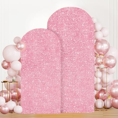 MODFUNS Glitter Arch Covers 7.2&6ft Pink Gold Wedding Arch Cover Set of 2 Spandex Arch Covers Stretchy Backdrop Sequin Arch Stand Cover Round Top Balloon Arch Covers for Wedding Party Event Decor - Image 2