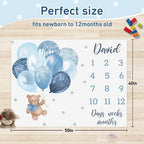 Personalized Baby Monthly Milestone Blanket Boy or Girl - Balloon Bear Months Blanket with Wood Frame and Newborn Wooden Sign - Growth Chart Milestone Blanket 1-12 Month Milestones - Image 3
