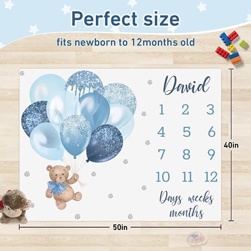 Personalized Baby Monthly Milestone Blanket Boy or Girl - Balloon Bear Months Blanket with Wood Frame and Newborn Wooden Sign - Growth Chart Milestone Blanket 1-12 Month Milestones - Image 3