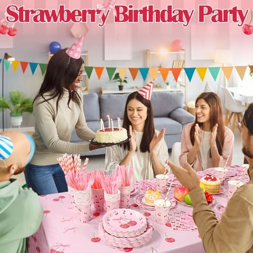 Funnymoom 452 Pcs Cherry and Bow Party Decoration Serves 50, Cherry Birthday Baby Shower Scalloped Paper Plates Napkins Cups Tablecloth Cutlery Straws for Pink Bow Birthday Baby Shower Party Supplies - Image 4