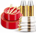 WDF Partyware 175 Pieces Red Plastic Plates with Gold Rim Include Dinner Plate 10" Dessert Plate 7" gold Cups 9 OZ, Pre Rolled Napkins 25 of each type for Wedding/Party/Birthday by WDF