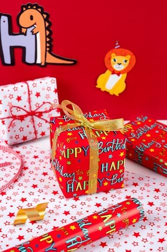 WRAPAHOLIC Jumbo Reversible Birthday Wrapping Paper - 30 Inch x 100 Feet Jumbo Roll - Red Happy Bday to you Lettering and Stars Design for Birthday, Baby Shower - Image 7