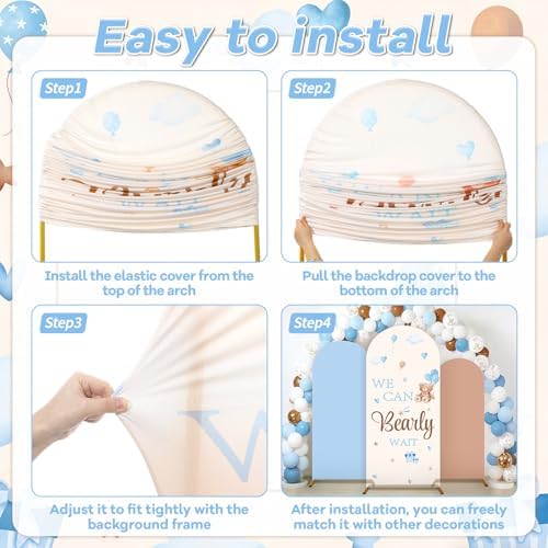 3Pcs We Can Bearly Wait Arch Backdrop Cover 4ft 5ft 6ft Blue Bear Baby Shower Decorations Bear Theme Round Top Stretchy Arch Stand Covers Photo Background for Birthday Gender Reveal Party Decor - Image 4