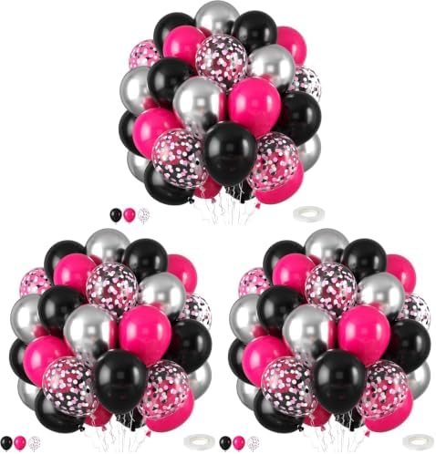 Hot Pink and Black Balloons,50PCS 12 Inch Black Pink and Silver Confetti Balloons with Ribbon,for Girls Wedding Bridal Shower Birthday Party Decorations (Pack of 3) by FEYG
