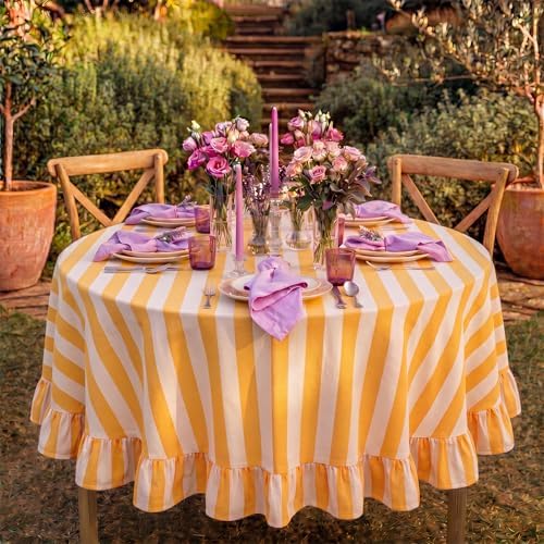 Tudomro Striped Tablecloth, Round, Mustard, Ivory, 60'' X 60'' - Image 6
