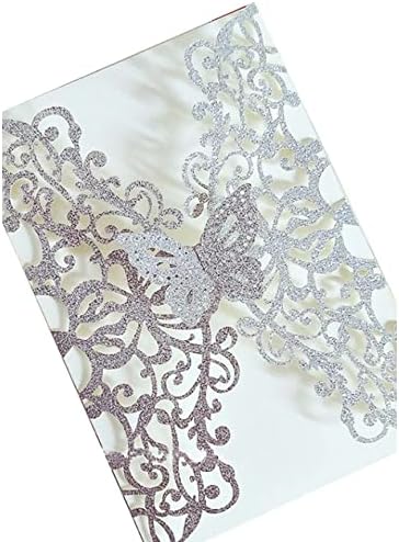 50sets Glitter Laser Cut Lace Flora Wedding Invitation Cards with Butterfly and Envelopes for Bridal Shower Engagement Quinceañera Wedding Invite (Only invitation Cards, Glitter Silver) - Image 3