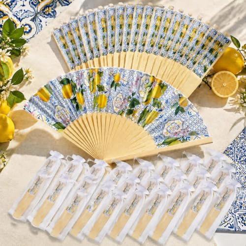 Vercraft 50 Sets Lemon Folding Hand Fans with Organza Bags Bulk, Wedding Favors for 50 Guests, Capri Mediterranean Paper Fans Bulk, Bridal Shower Party Favors Bridesmaid Gifts Summer Outdoor Decor by Vercraft