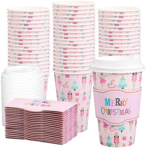 Whaline 50Pcs Merry Christmas Disposable Coffee Cups with Lids and Sleeves Pastel Pink Nutcracker Paper Drinking Cup for Xmas Birthday Party Supplies by Whaline
