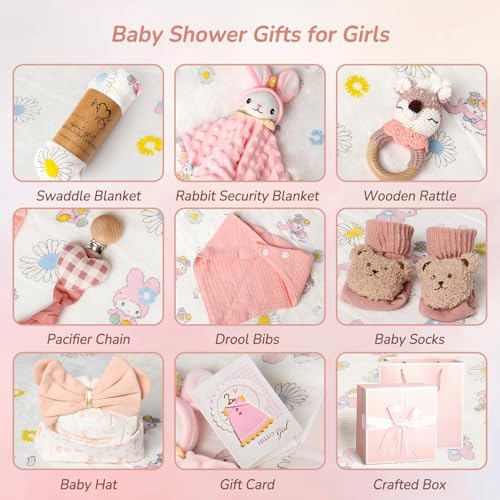 Strawberry Fairy 10 PCS Baby Gift Set for Girls, Newborn Essentials Stuff Baby Girl Gifts, Baby Girl Gift Basket, Gender Reveal Gifts Basket with Rattle Swaddle Blanket - Image 2
