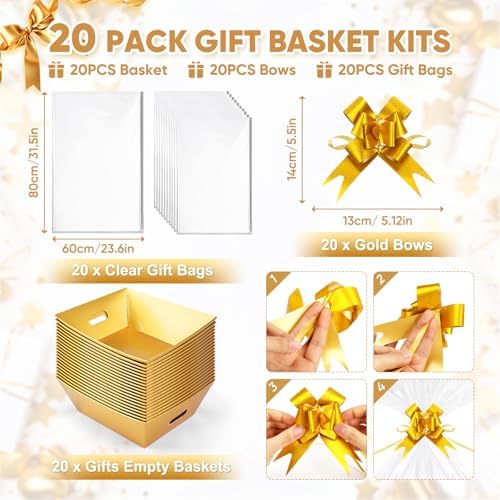 20PACK Gold Baskets for Gifts Empty, 12x10x4” Thick Cardboard Gift Basket Kit with 20 Bows & 20 Bags - Kraft Empty Gift Baskets for Christmas, Weddings, Birthdays, Bulk Gifting - Image 4