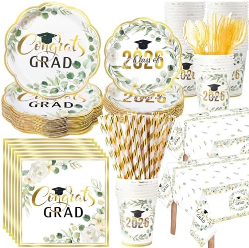 Funnymoom 452 Pcs Class of 2026 Sage Green Graduation Decoration Party Supply for 50, Green Gold Eucalyptus Congrats Grad Paper Plates Napkins Cup Tablecloth Cutlery for Freshly Graduated Decoration by Funnymoom