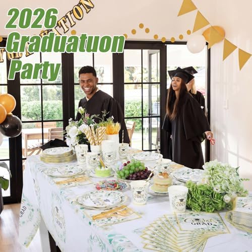 Funnymoom 452 Pcs Class of 2026 Sage Green Graduation Decoration Party Supply for 50, Green Gold Eucalyptus Congrats Grad Paper Plates Napkins Cup Tablecloth Cutlery for Freshly Graduated Decoration - Image 5