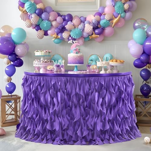 Partisky Mermaid Purple Tulle Curly Willow Table Skirt for Rectangle Table 14ft, Ruffle Tutu Table Cloth for Girls Boys Baby Shower,Mermaid Birthday Party - Image 2