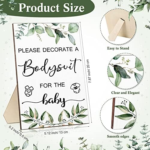 Handepo 26 Pcs Baby Shower Games DIY Bodysuit Set 1 Wooden Sign 15 White Bodysuits 10 Fabric Markers for Birth Decorating Kit(Green Leaves) - Image 2