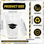 Whaline 50Pcs 12Oz Graduation Disposable Plastic Cups with Lids and Straws Black Graduation Cap Cold Beverage Drinking Cups for Congrats Grad Party Supplies - Image 2