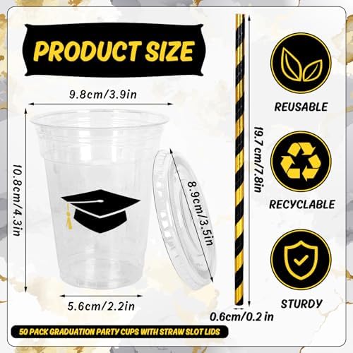 Whaline 50Pcs 12Oz Graduation Disposable Plastic Cups with Lids and Straws Black Graduation Cap Cold Beverage Drinking Cups for Congrats Grad Party Supplies - Image 2