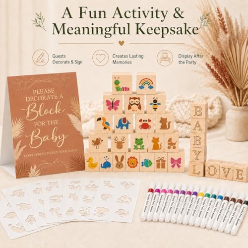 117 Pcs Baby Shower Blocks to Decorate Game Kit, 52 Wooden Baby Blocks for Baby Shower Games, 24 Acrylic Markers, 10 Stencils, Game Sign, DIY Baby Shower Activity & Gender Reveal Decor, Kraft Boho - Image 6