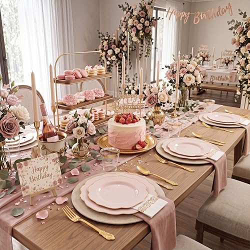 NOCCUR 175PCS Pink Plates with Gold Disposable Silverware - Include 50 Pink Plastic Plates,25 Knives,25 Forks,25 Spoons,25 Cups and 25 Napkins - Ideal for Party/Wedding/Banquet/Baby Shower (Pack of 2) - Image 5
