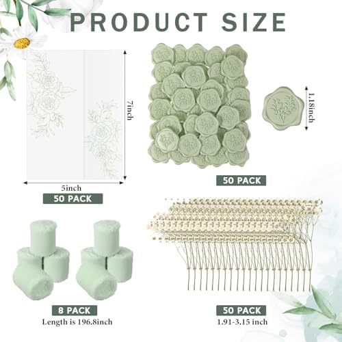 Fullhawl 50 Sets Wedding Invitations Wraps Set Pre Folded Vellum Jackets for 5 x 7 Invitations Dried Flowers Wax Seal Stickers Chiffon Silk Ribbon for Wedding Birthday Bridal Shower Craft DIY (Green) - Image 2