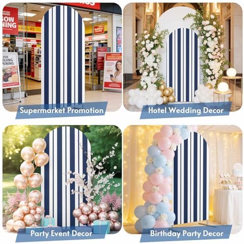 Strip Spandex Arch Backdrop Cover 7.2FT for Balloon Garland Rustic Nautical Strip Navy Blue Double-Sided Chiara Backdrop Stand Cover Elastic Fabric Background for Birthday Party Baby Shower Decor - Image 7