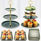 6 Pcs 3 Tier Green Cupcake Stand Tiered Serving Tray with Gold Rim Rectangle Serving Trays Round Plastic Dessert Display Stand Cup for Holiday Wedding Birthday Tea Party Decor by Yiyiring