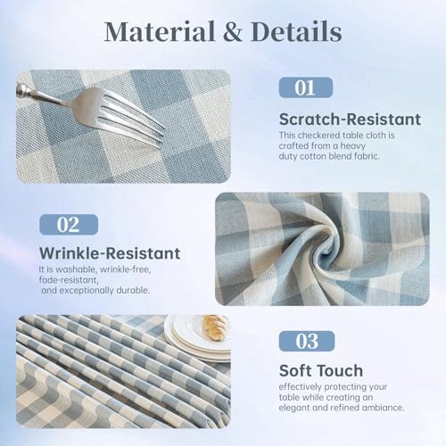 Blue Tablecloth Rectangle, Gingham Cotton Linen Checkered, 55x120 Inch - Image 6