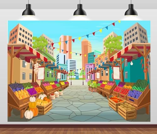 BELECO 15x8ft Fabric Cartoon Farmers Market Backdrop Fresh Farm Vegetables and Fruits, Farmers Market Stall Background for Themed Party Decorations Birthday Baby Shower Photoshoot Studio Props by BELECO