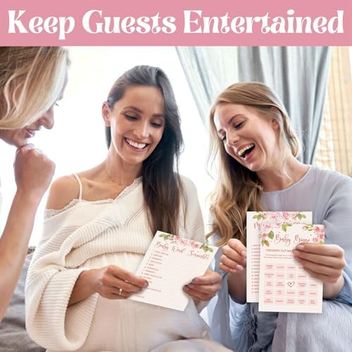 WOODAMORE Funny Baby Shower Games for Girl - Baby Shower Bingo Game Girl, Babies Showers Word Scramble, Floral Babies Showers Activities for 25 Guests, Trivia Mommy Or Daddy Game for Decor (Pack of 3) - Image 4
